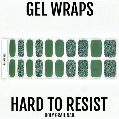 Green gel nail wraps sheet showing solid forest green and glitter textured designs