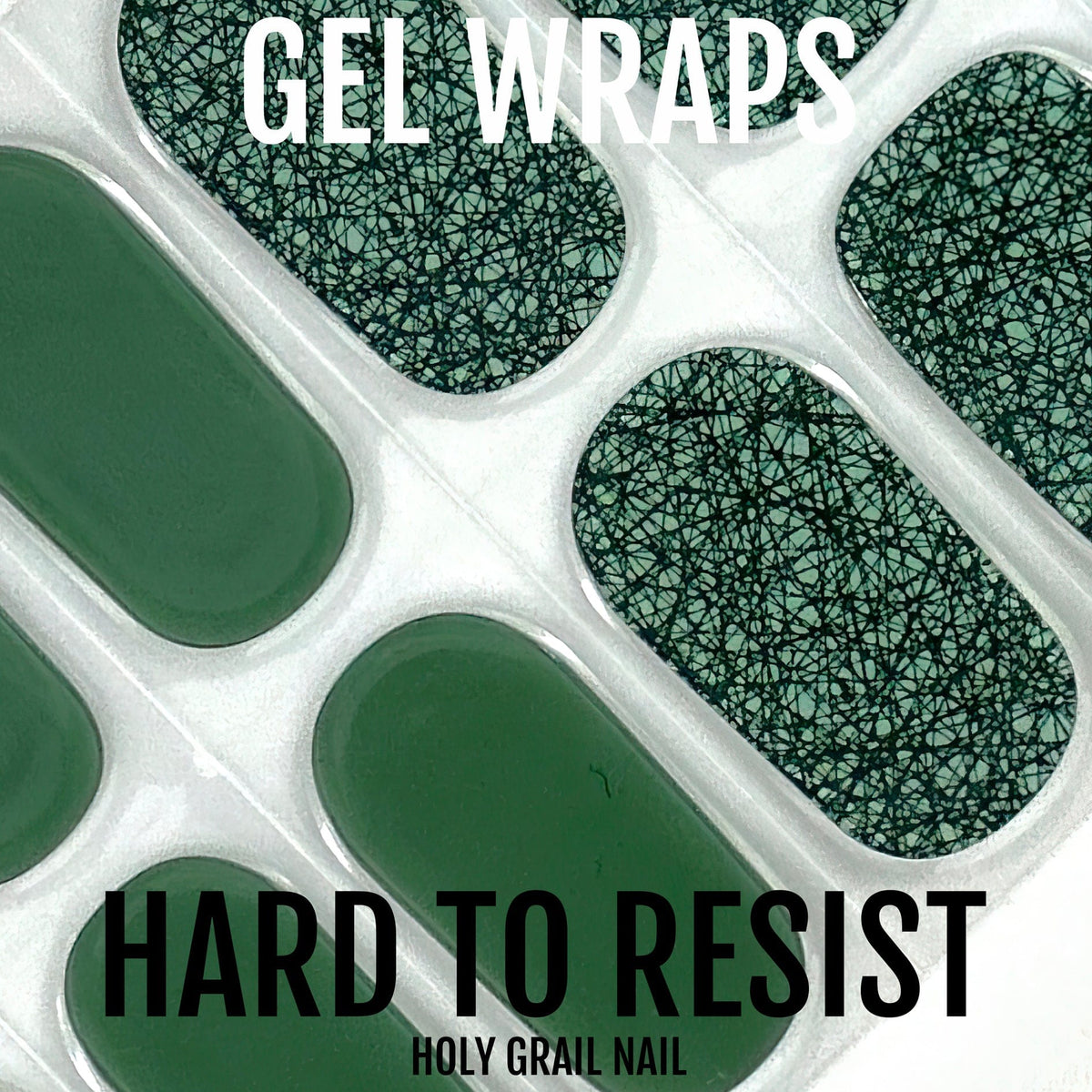 Forest green gel wraps packaging showing solid and textured glittery nail designs close-up