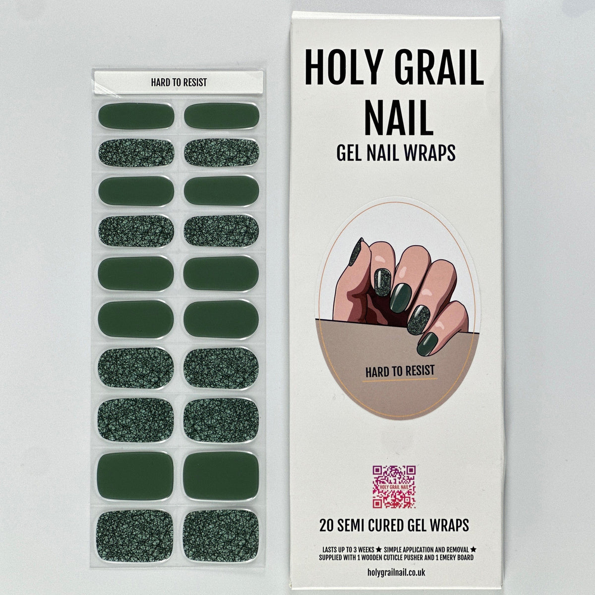 Green glitter gel nail wraps with shimmer finish in packaging for at-home manicure