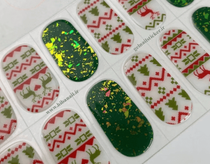 Christmas gel nail wraps featuring green glitter and red holly pattern designs