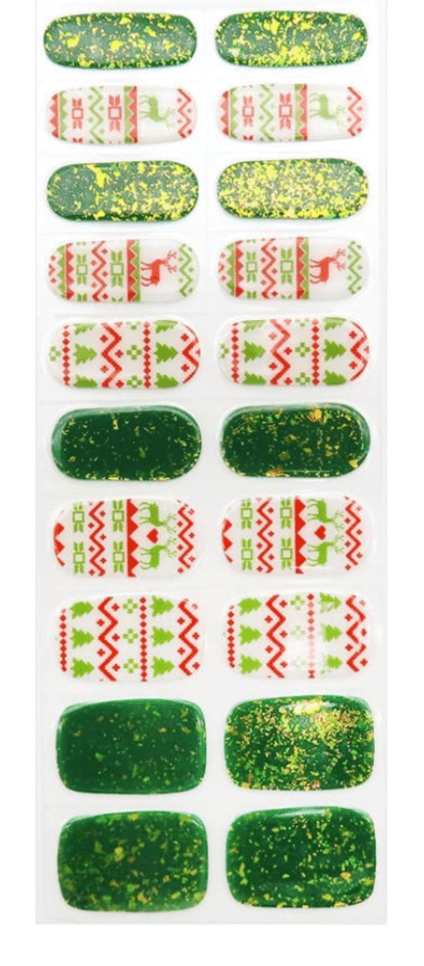 Christmas gel nail wraps featuring festive red green geometric patterns and glittery emerald green designs