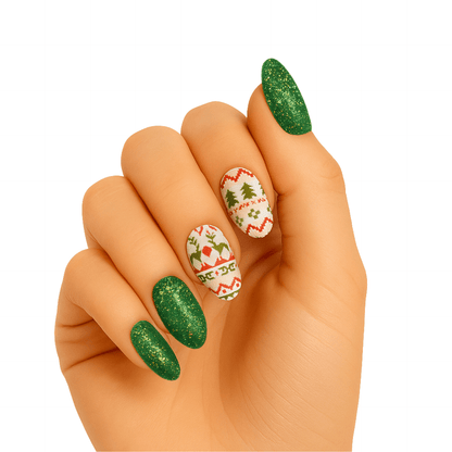 Green glitter Christmas gel nail wraps with festive holly pattern on hand