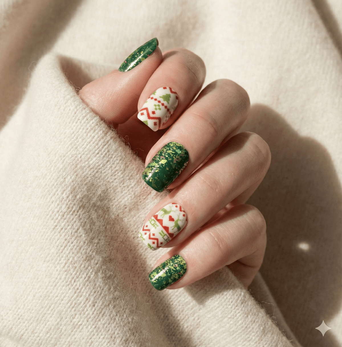 Festive Christmas gel nail wraps with green glitter and holly pattern on hand