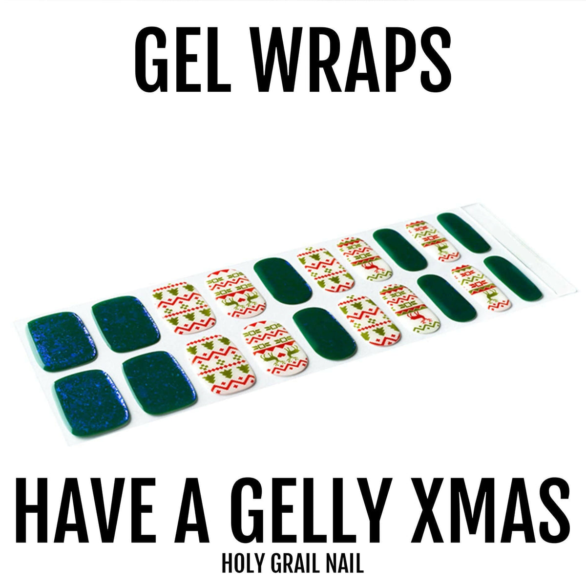 Festive Christmas gel nail wraps with traditional holiday patterns in red green and sparkly emerald green