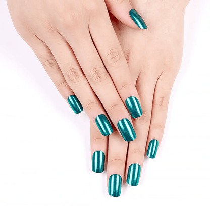 Two hands displaying jade green chrome gel nail wraps with high shine finish