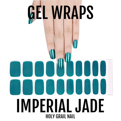 Chrome jade green gel nail wrap sheet with hand model showing applied nails