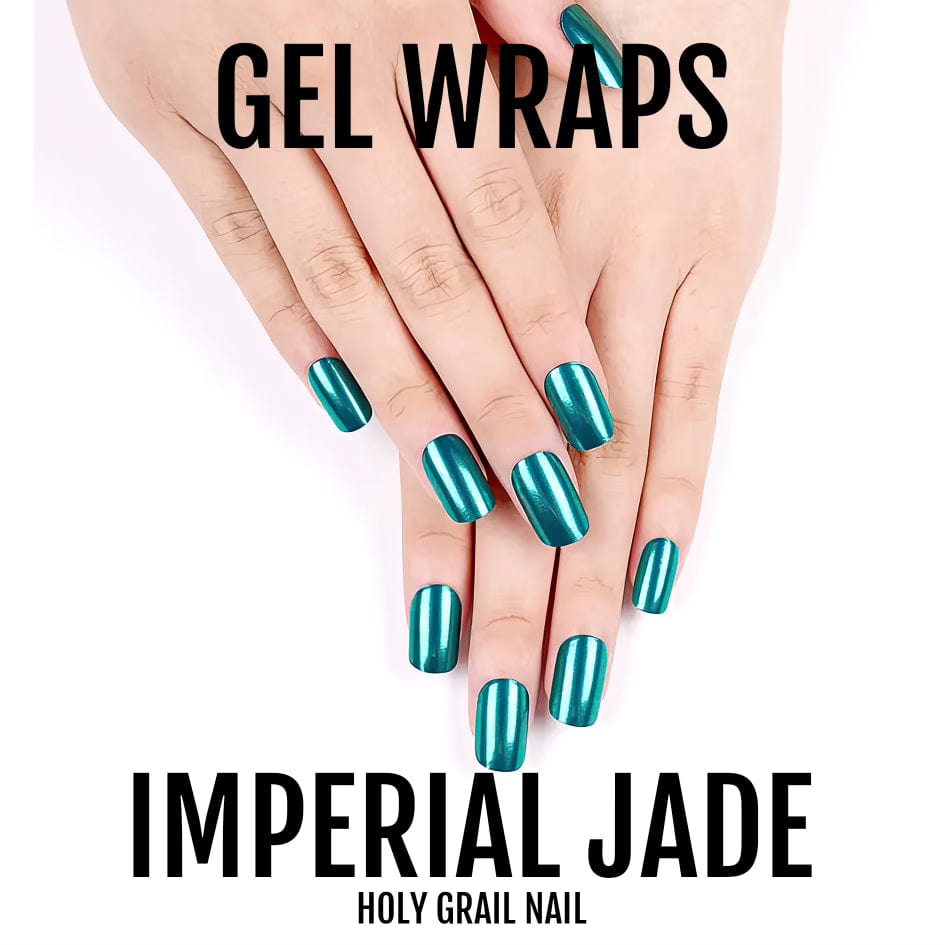 Hands showcasing Imperial Jade chrome gel nail wraps with metallic emerald green finish