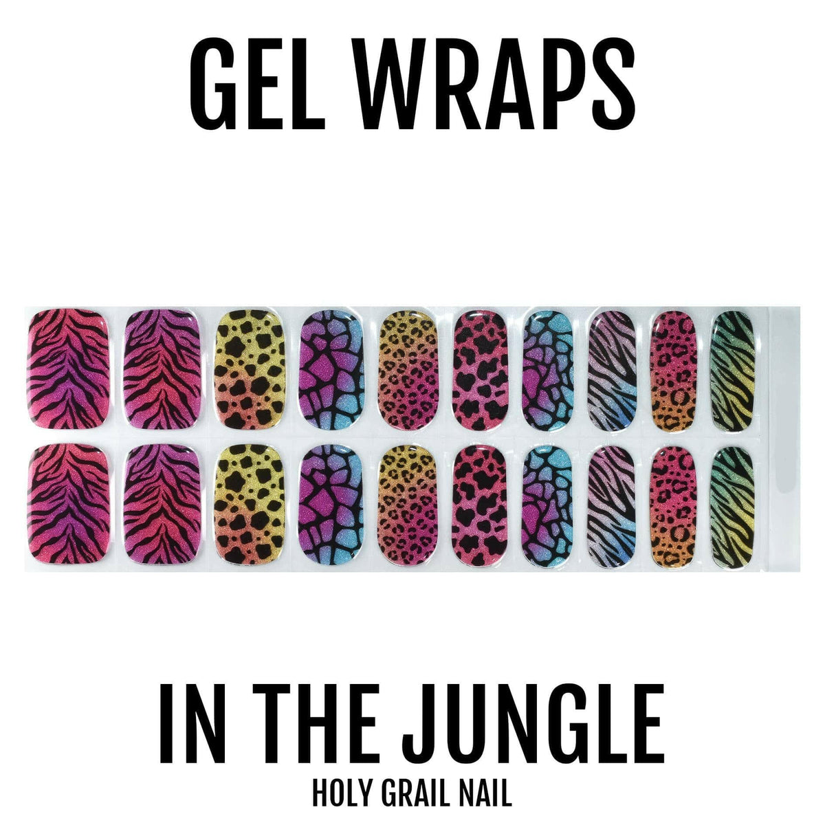 Colourful animal print gel nail wraps sheet featuring leopard zebra and snake patterns