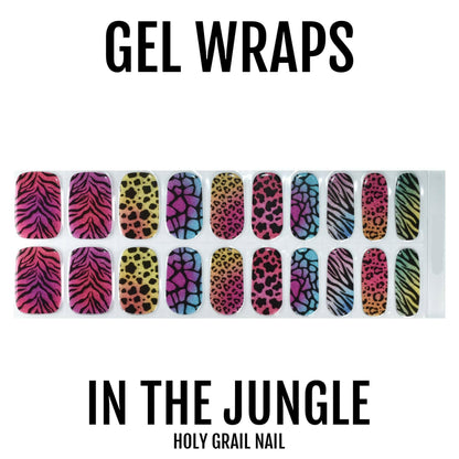 Colourful animal print gel nail wraps sheet featuring leopard zebra and snake patterns