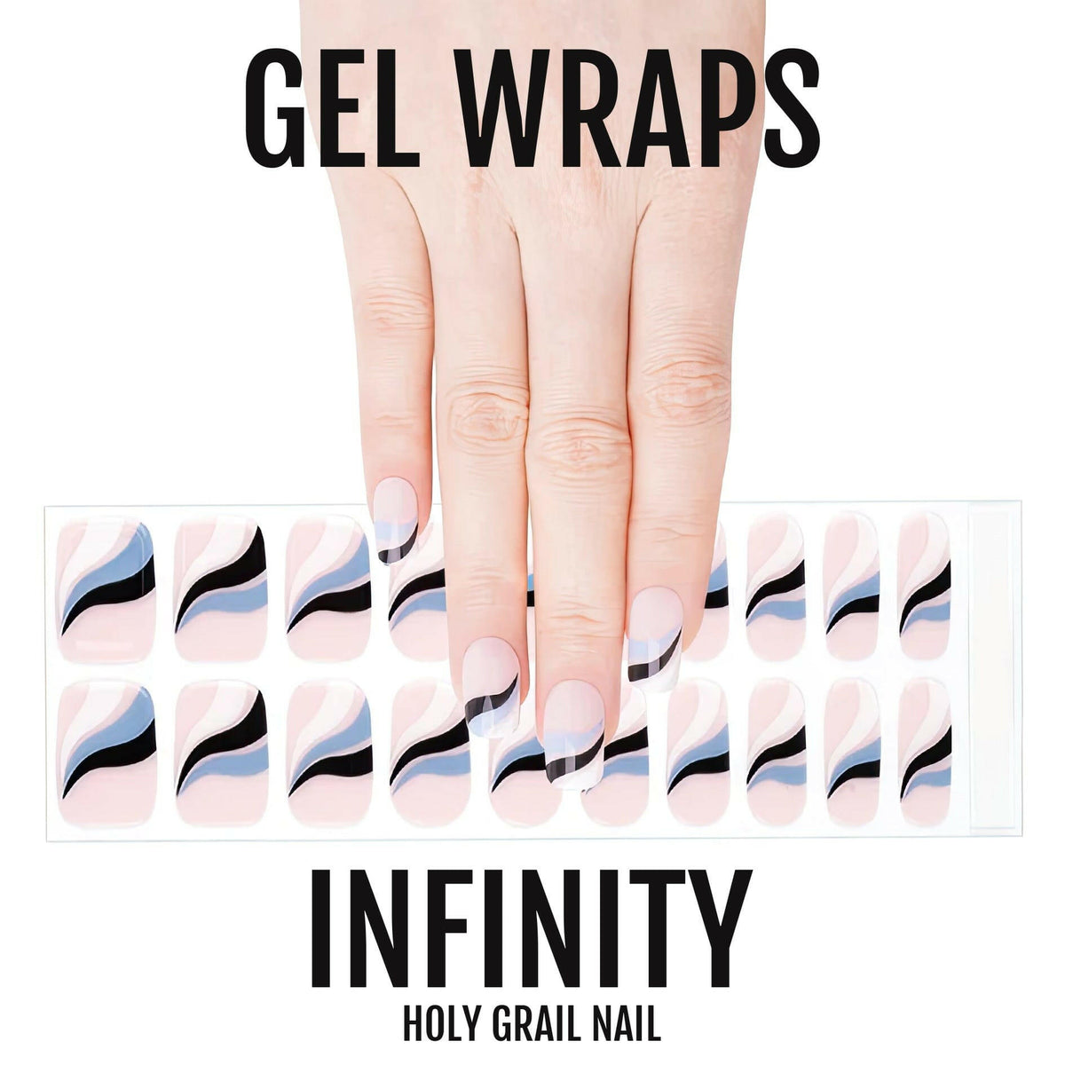 Abstract wave pattern gel nail wraps in blue pink and black curved lines design