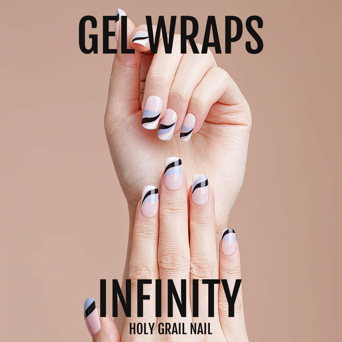 Hand wearing blue and black wave gel nail wraps with curved minimalist pattern design