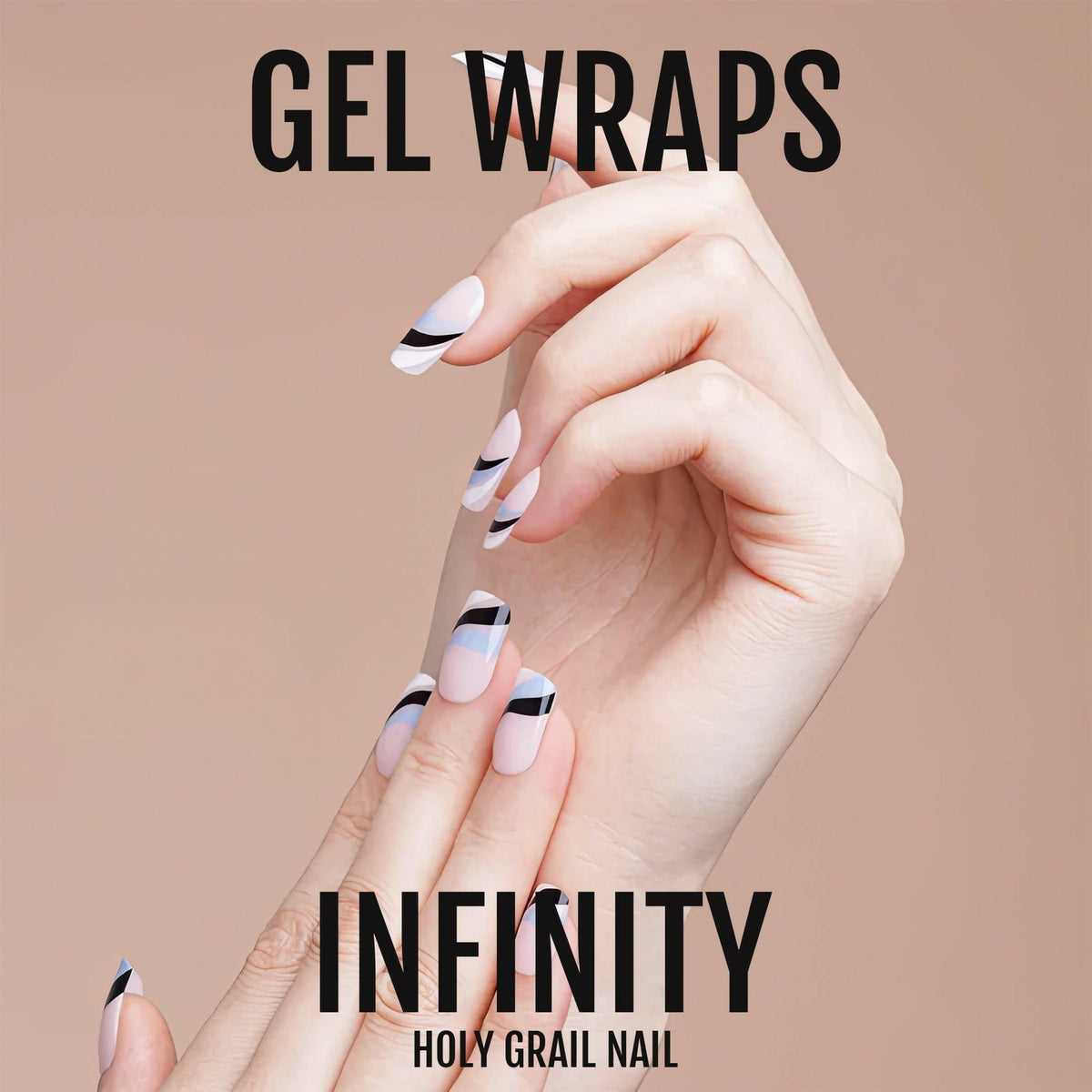 Modern black and white wave pattern gel nail wraps on hand with minimalist design