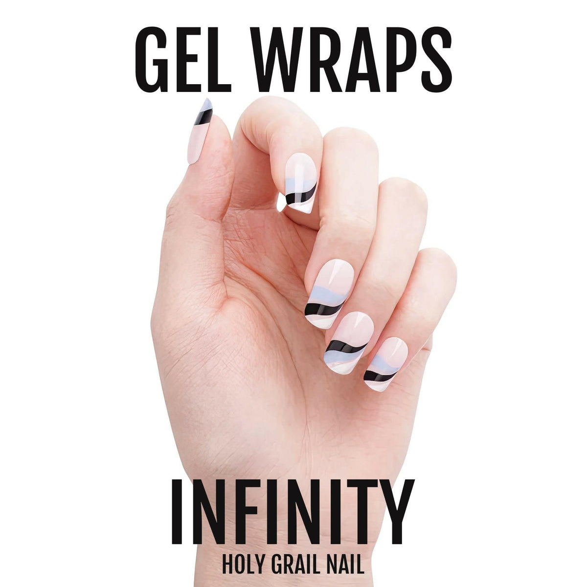 Contemporary geometric gel nail wraps with black curved lines on white base shown on hand