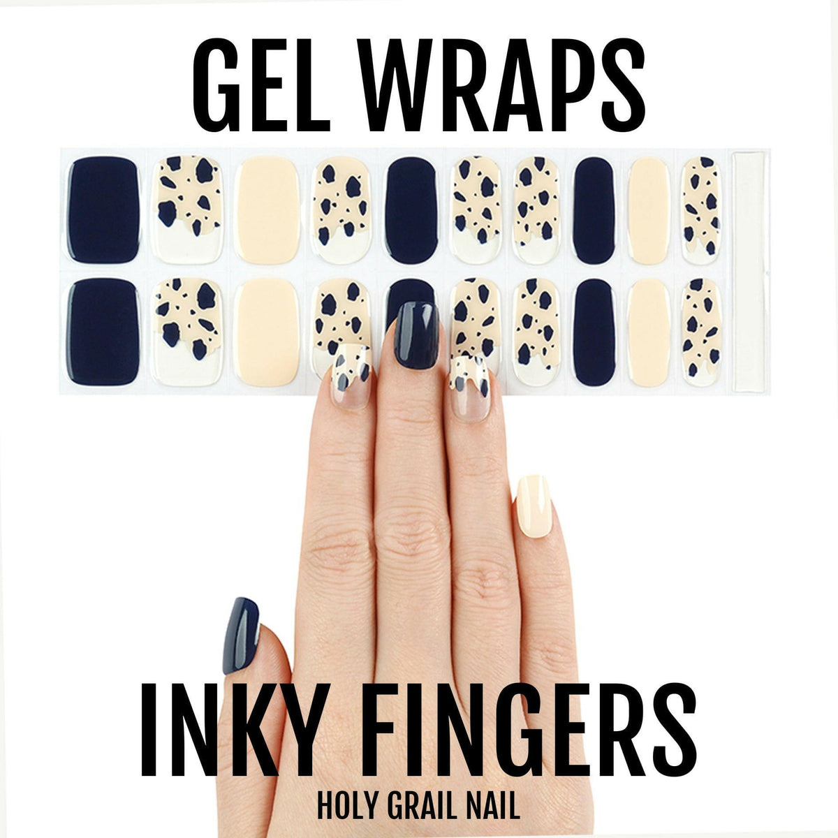 Semi-cured gel wraps featuring black cream and ink splatter nail art design