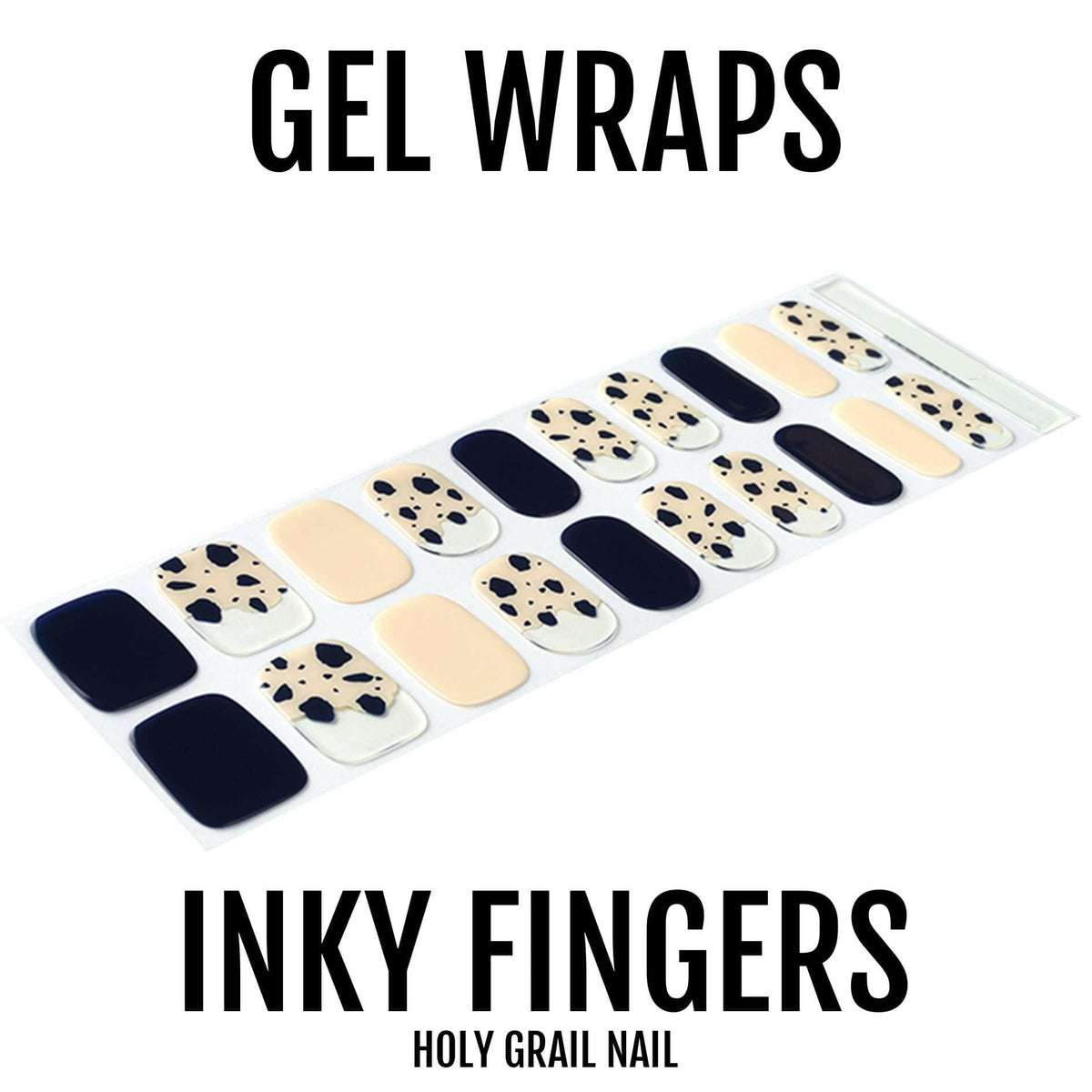 Monochrome gel nail wraps with artistic black ink patterns on cream base