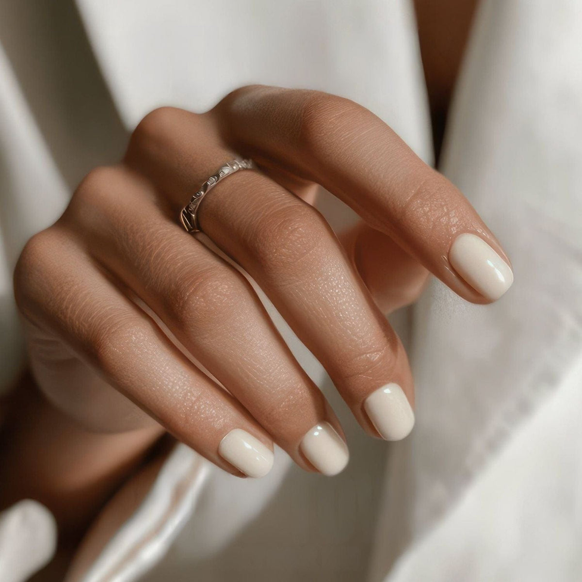 Cream white gel nail wraps on hand wearing ring for elegant wedding manicure