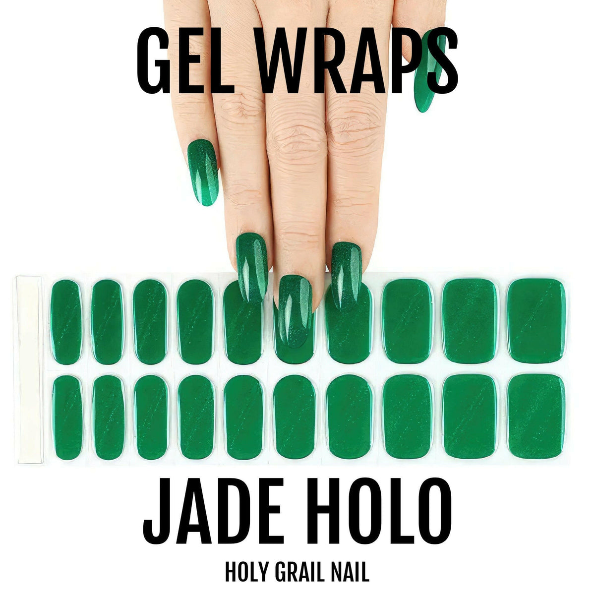 Emerald holographic gel nail wraps set showing hand and individual wrap pieces