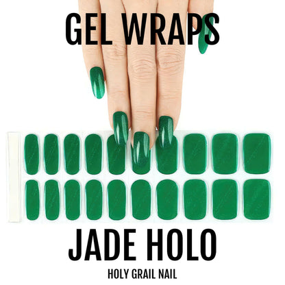 Emerald holographic gel nail wraps set showing hand and individual wrap pieces