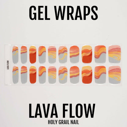 Orange marble gel nail wraps with flowing lava pattern in warm autumn colours