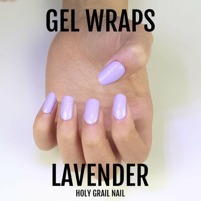 Soft lavender gel nail wraps applied on hand showing glossy pastel finish