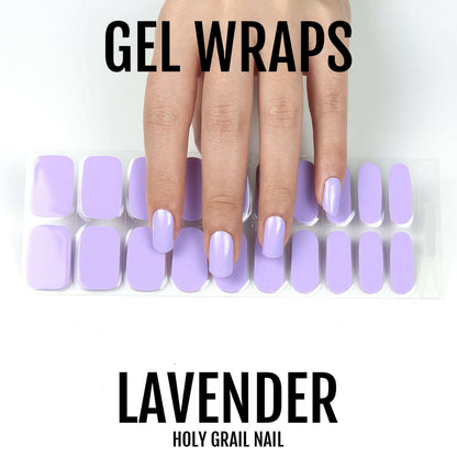 Hand displaying lavender gel nail wraps in various sizes for perfect manicure fit