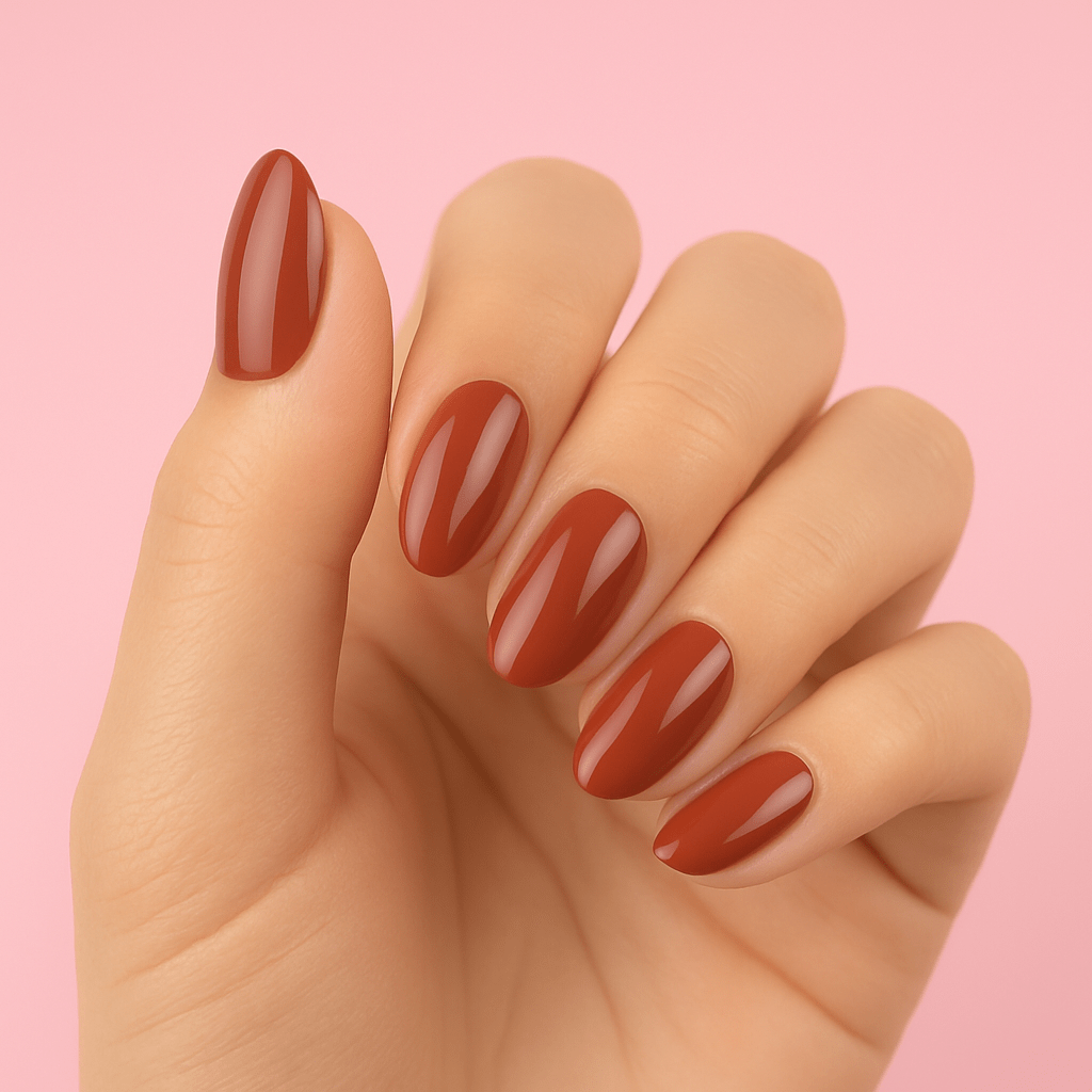Leather brown gel nail wraps on hand with glossy finish against pink background