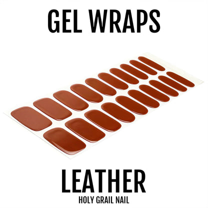 Brown leather gel nail wraps sheet showing terracotta oval manicure strips