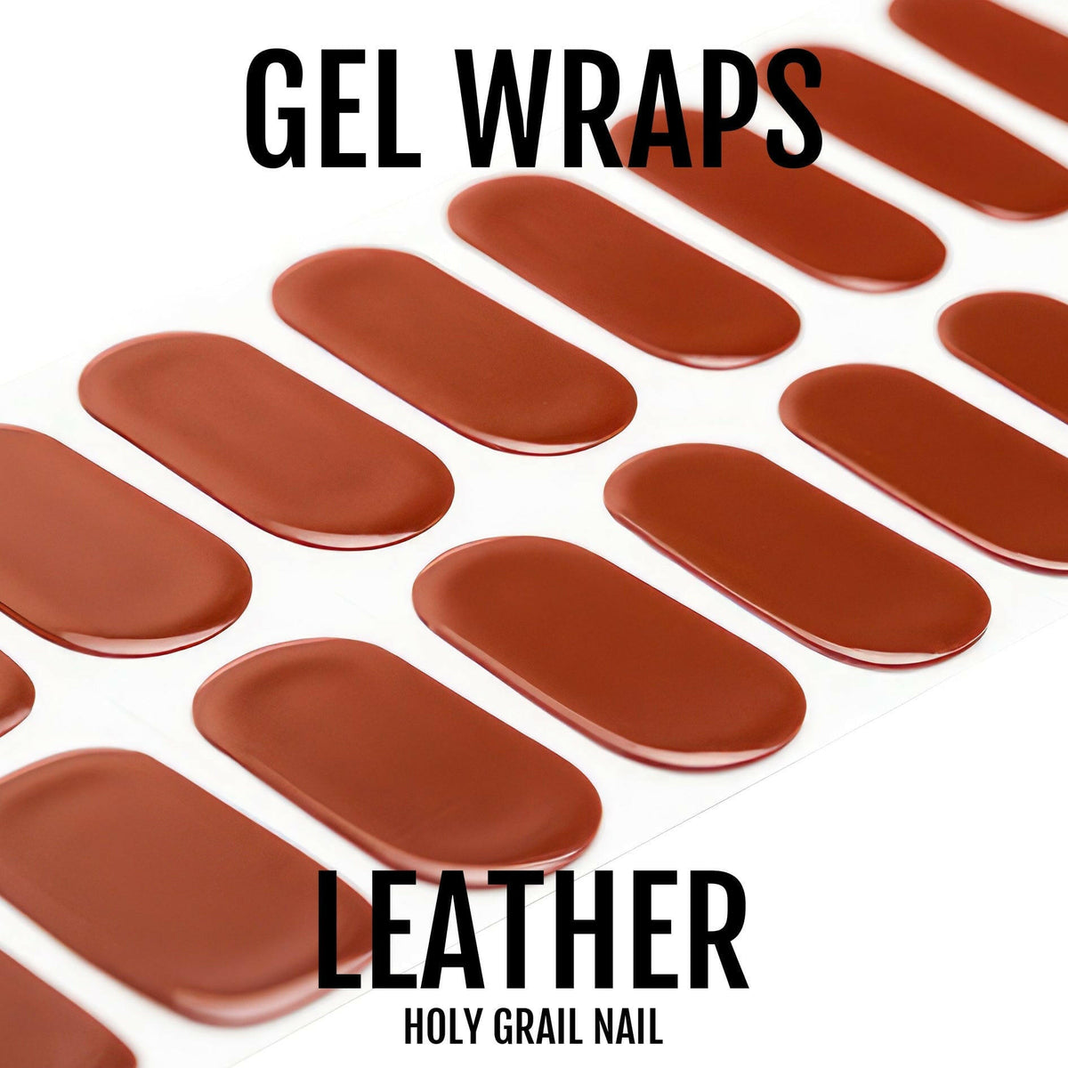 Close up of brown leather gel nail wraps showing glossy terracotta finish