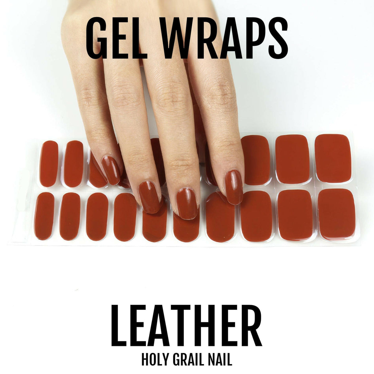 Terracotta brown gel nail wraps displayed on hand with matching colour swatches