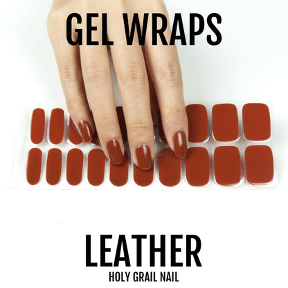 Terracotta brown gel nail wraps displayed on hand with matching colour swatches