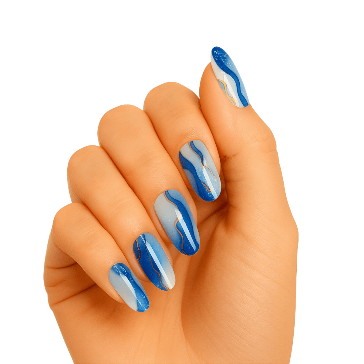 Blue chrome marble gel nails on hand showing metallic lightning strike nail art design