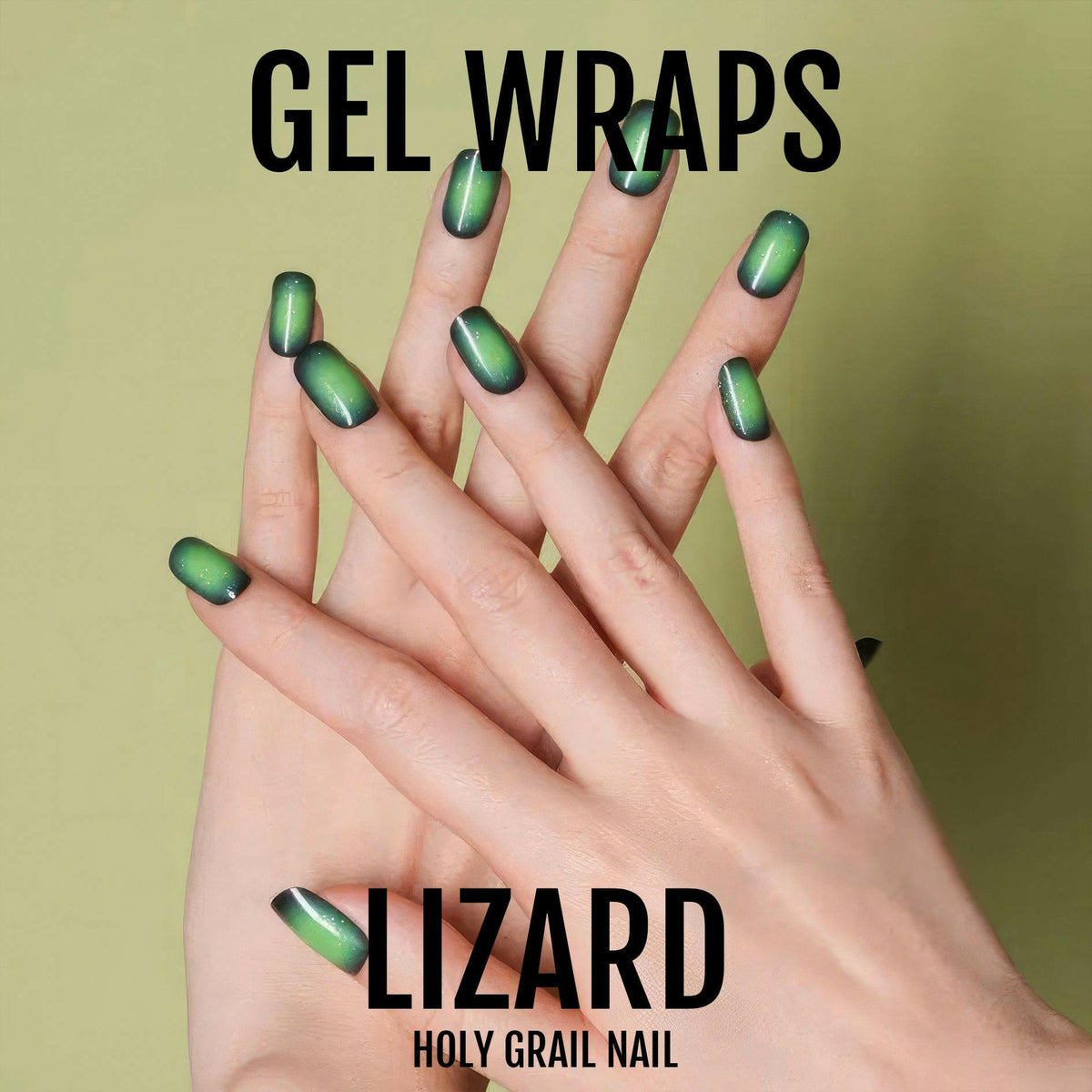 Chrome green gel nail wraps on hands displaying lizard-inspired metallic nail art design