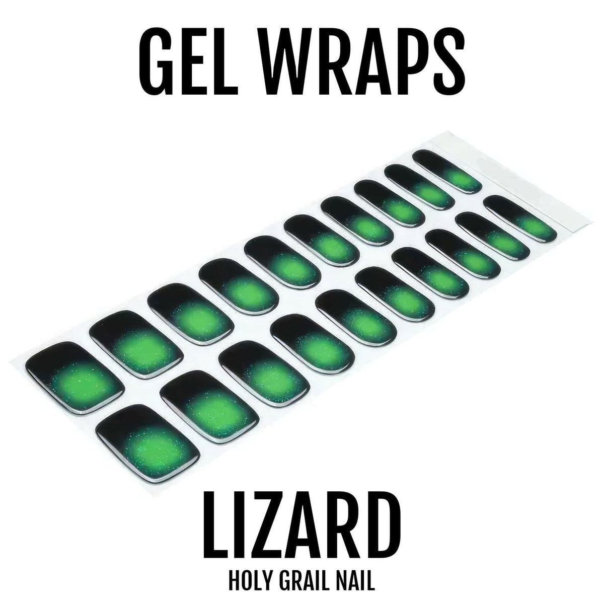 Green chrome gel nail wraps with black ombre gradient effect on sheet