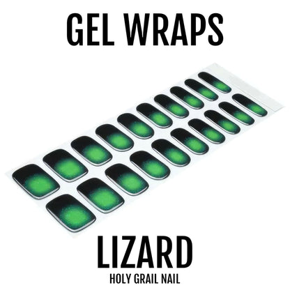 Green chrome gel nail wraps with black ombre gradient effect on sheet