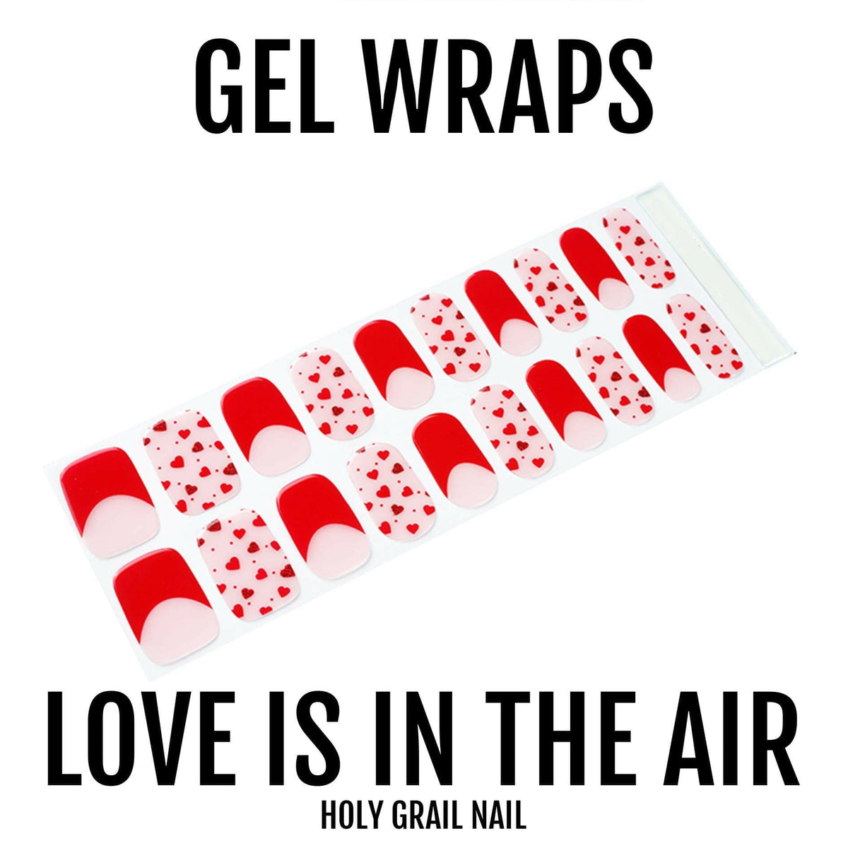 Red and pink heart gel nail wraps set showing romantic Valentine's nail art design