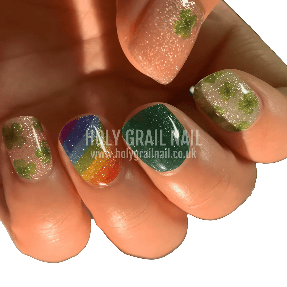 Close up of St Patrick's Day gel nails with glitter shamrocks and rainbow designs