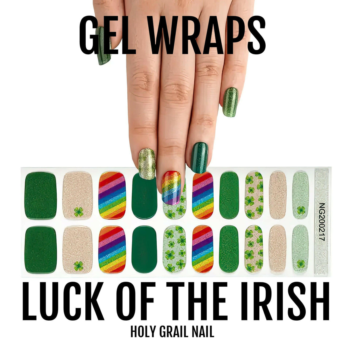 Hand wearing Irish themed gel nail wraps with green shamrock and rainbow designs