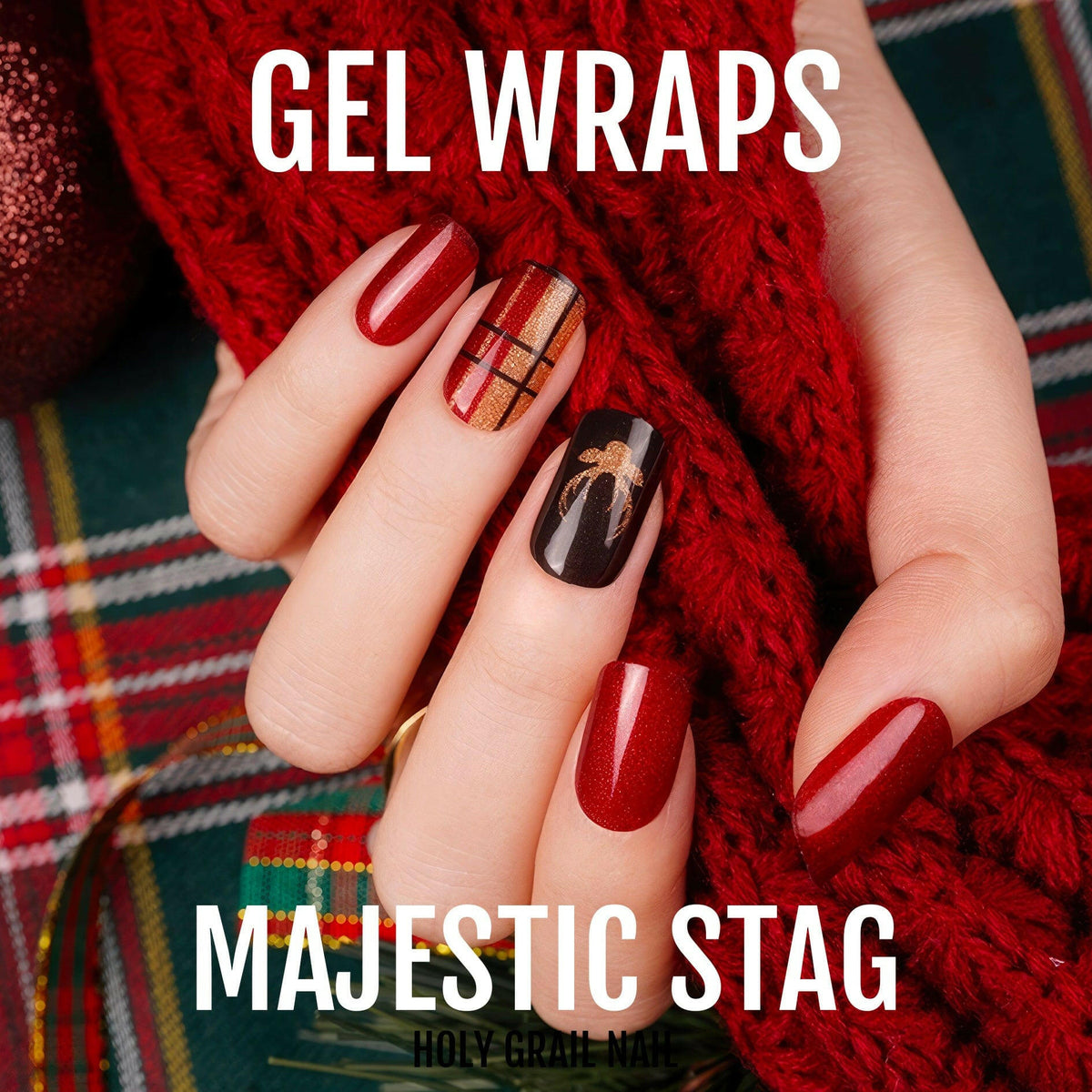 Red black tartan stag gel nail wraps on hand Christmas festive nail art