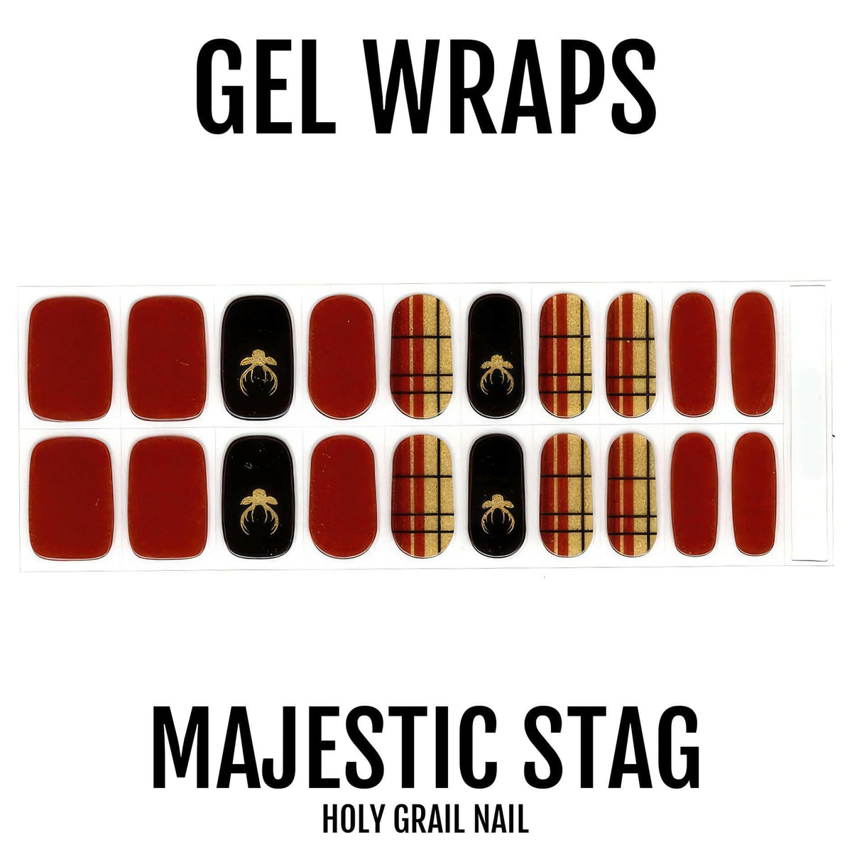 Red black gold tartan stag gel nail wraps sheet 20 pieces Christmas design