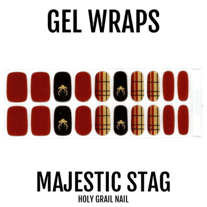 Red black gold tartan stag gel nail wraps sheet 20 pieces Christmas design