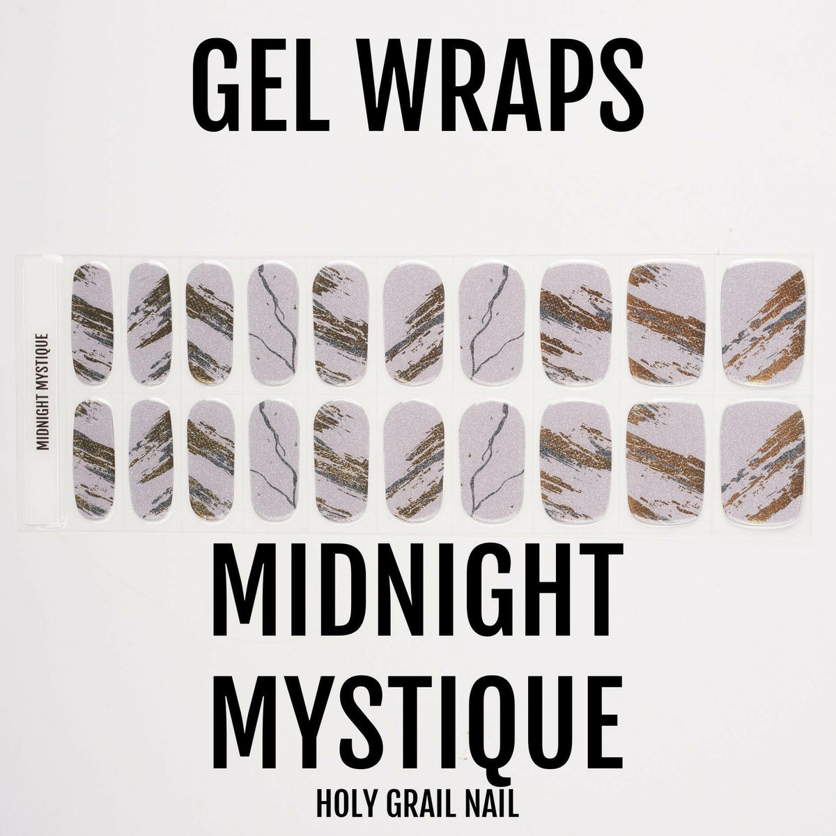 Grey marble gel nail wraps with gold metallic veining in elegant abstract pattern