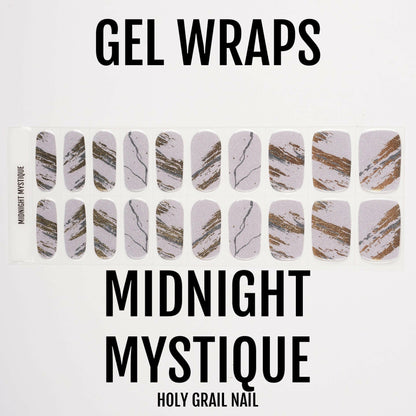 Grey marble gel nail wraps with gold metallic veining in elegant abstract pattern