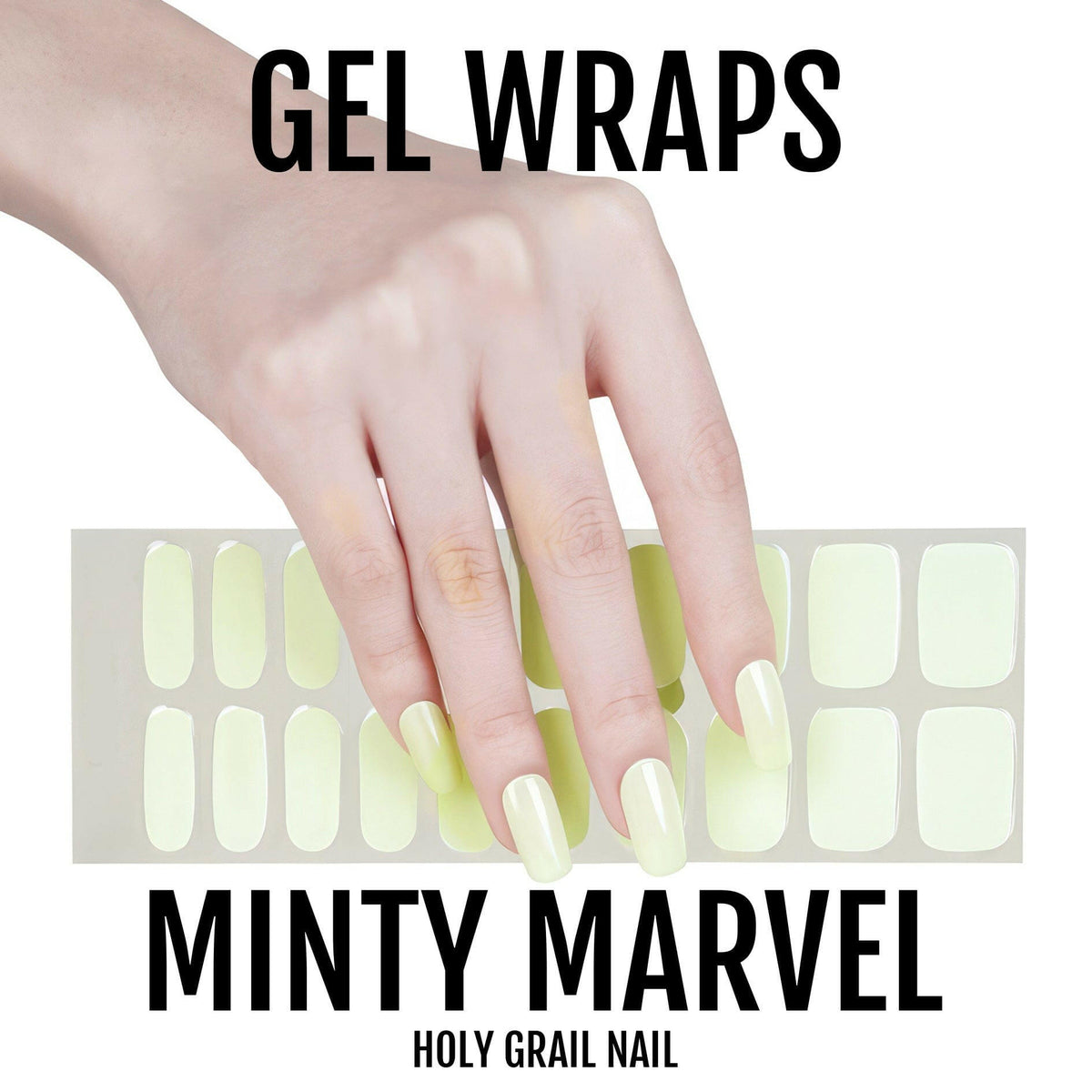 Hand showing mint green gel nail wraps with product sheet for DIY manicure