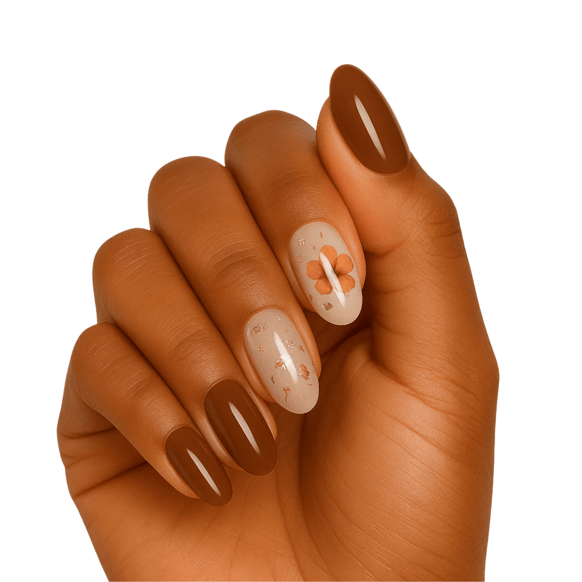 Mocha brown gel nail wraps with crystal accents on hand showing textured nail art