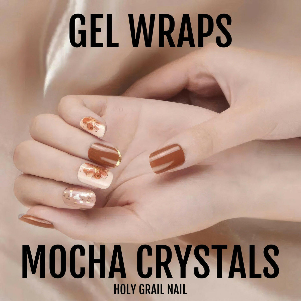 Mocha crystals gel nail wraps showing brown textured nail art on elegant hands
