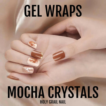 Mocha crystals gel nail wraps showing brown textured nail art on elegant hands