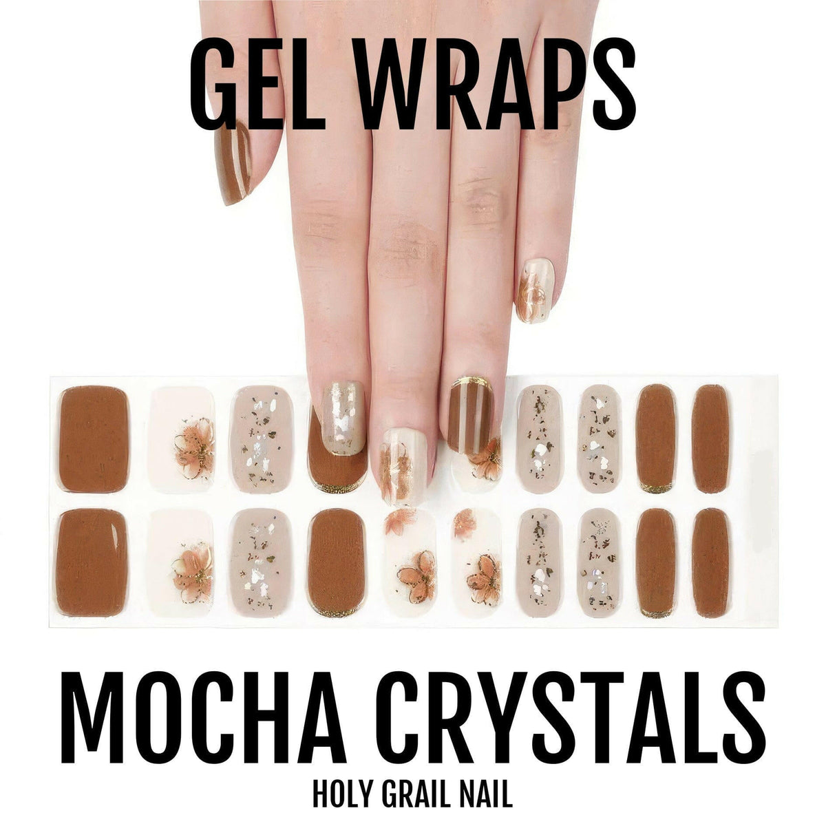 Complete set of mocha crystal gel nail wraps with hand model displaying brown nail art