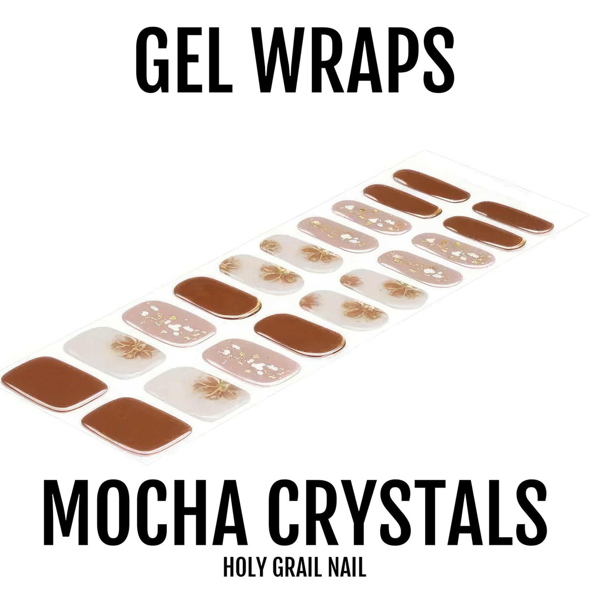 Mocha brown gel nail wraps with crystal embellishments in neutral tones