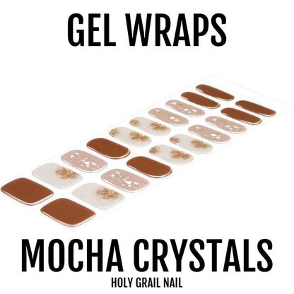 Mocha brown gel nail wraps with crystal embellishments in neutral tones