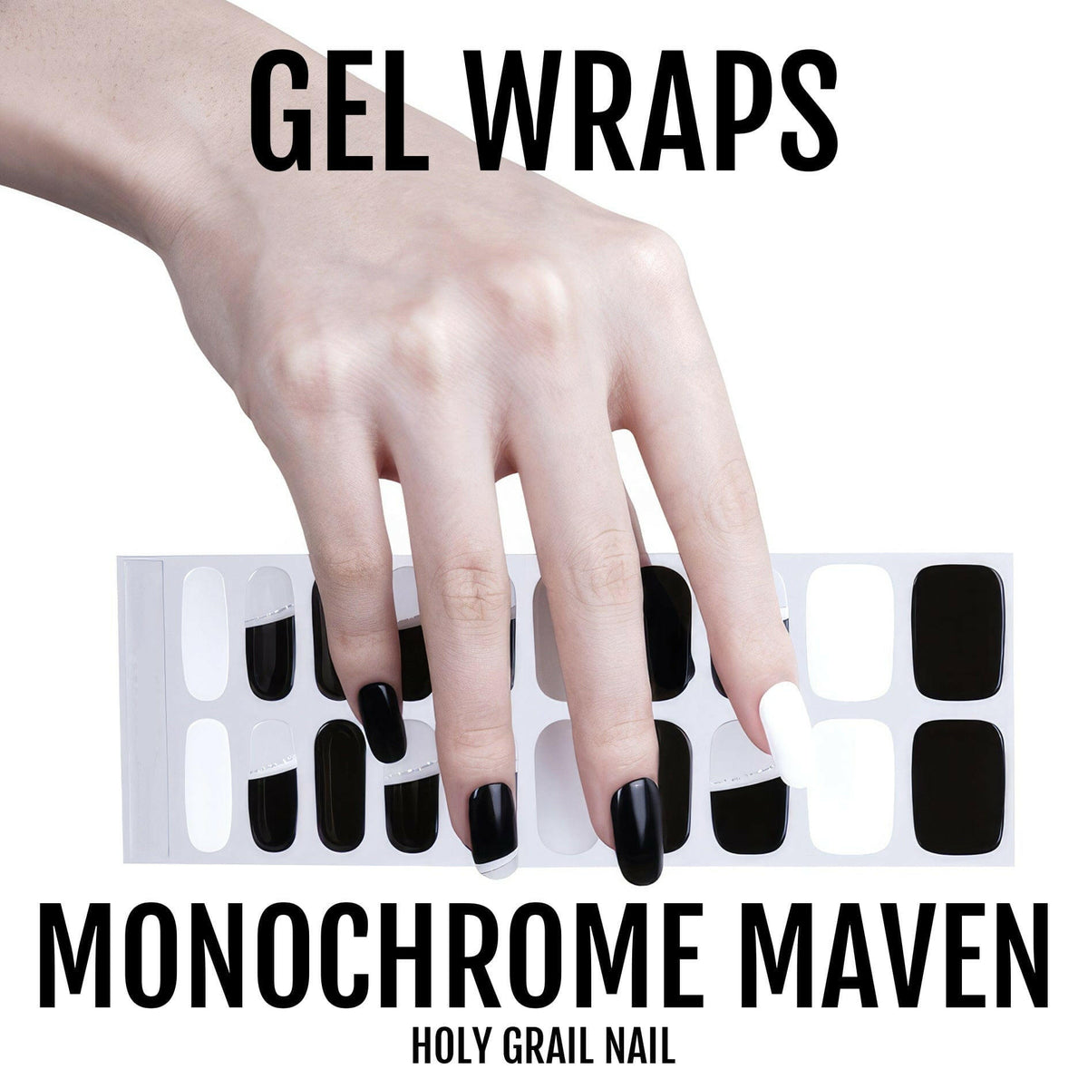 Hand displaying black and white gel nail wraps with monochrome nail art pattern